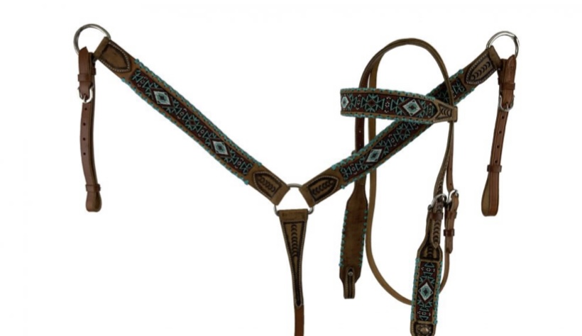 8026 Browband beaded Browband Headstall and Breast collar Set w rawhide ...
