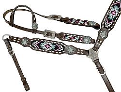 14634 Purple and Blue Beaded One Ear Headstall and Breastcollar Set with bling conchos