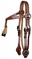 12645 double stitched leather furturity knot rawhide braided headstall with horse hair tassell
