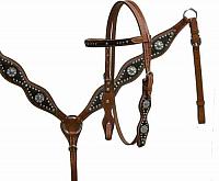 12683 double stitched leather headstall and breast collar set with hair on cowhide