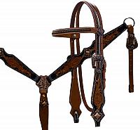 12905 Double stitched medium leather headstall and breast collar set with brushed copper accents