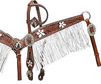 12914 Medium tooled leather headstall and breast coller with black color inlay and white painted flowers