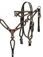 12924 Double stitched medium leather headstall and breast collar set with brushed copper accents