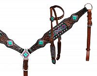 13522 Teal Headstall and breast collar with beaded inlay