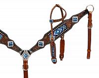 13523 Blue Headstall and breast collar with beaded inlay