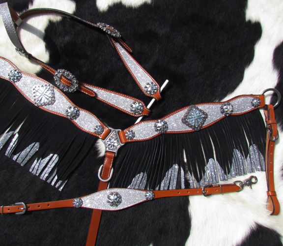 13954  4 Piece Silver Glitter overlay single ear leather headstall and breast collar set with crystal rhinestone studded hardware and glitter fringe. T