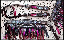 14413 Rainbow Inlay metallic with pink metallic accent one ear headstall and breast collar set with crystal conchos and fringe accent