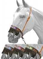 16043 Black and medium leather noseband with beaded inlay and suede fringe