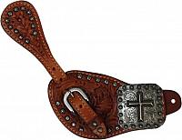 175306 Ladies spur strap with oak leaf tooling with large square engraved concho with raised cross accented with small studs.
