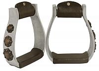 175674 Light weight polished aluminum stirrups with copper engraved conchos