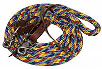 19140 Multi colored round braided nylon barrel rein with scissor snap ends