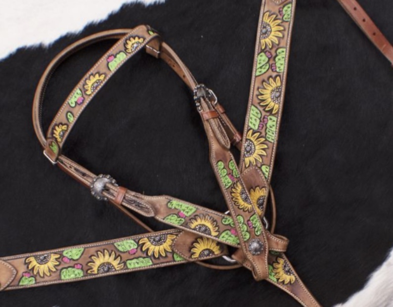 7063 Hand Painted Sunflower Halves and Cactus Browband Headstall and Breast collar Set.