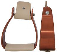 2212661QL Angled Off Set Copper Colored Aluminum Stirrups. Lightweight design. Smooth Light colored Leather tread