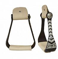221281QL antiqued steel bell stirrup with silver engraving featuring bronc horse.