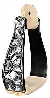 221362KL Black Aluminum stirrups with silver engraving and cut out diamond designs