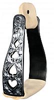 221363KL Black Aluminum Stirrups with Silver Engraving and Cut Out Poker Suit Designs