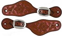 2280 Ladies/ Youth size Argentina cow leather spur straps with pink metallic painted floral tooling. Adjusts 7.5" to 9.5".