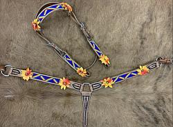 8011 Rainbow  beaded Browband Headstall and Breast collar Set w/ 3D leather painted flower accents.