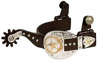 257654 ladies size antique brown silver buckle tip and keeper spurs with gold star and lasso accent.