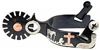 258101 men's size black steel silver show spur with copper cross and praying cowboy design.