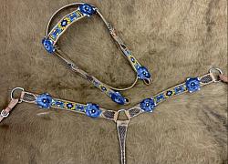 8010 Aztec beaded Browband Headstall and Breast collar Set w/ 3D leather painted flower accents.