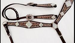 14391 Cheetah print one ear headstall and breast collar set with rhinestone accents