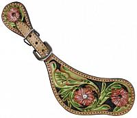 30606 Ladies Spur Strap with  Pink tooled flowers and green accents