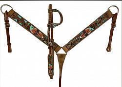 7010 Hand Painted Feather Design One Ear Headstall and Breast collar Set