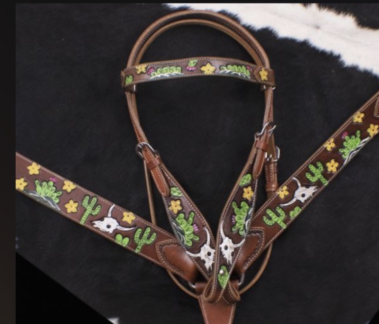 7074 Hand Painted Steer Skull and Cactus Headstall and Breast collar Set.
