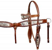 391 double stitched leather headstall and breast collar set with hair on cowhide print