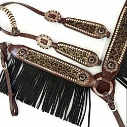 14375 Cheetah print one ear headstall and breast collar set with black suede fringe.