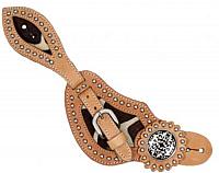 4656 Ladies size leather spur straps with giraffe print hair on cowhide inlay.