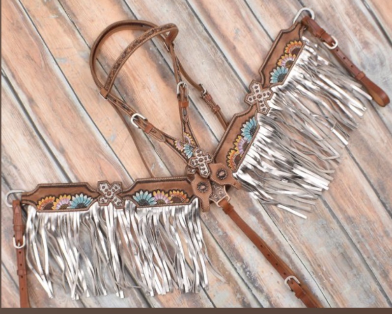 7057 Multi Colored Sunflower and Cross Brow Band headstall and breast collar set.