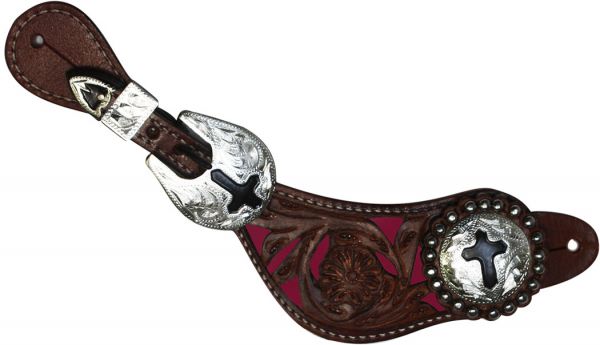 4924 Ladies Spur Straps with Floral Filigree Tooled Overlay and Colored Background