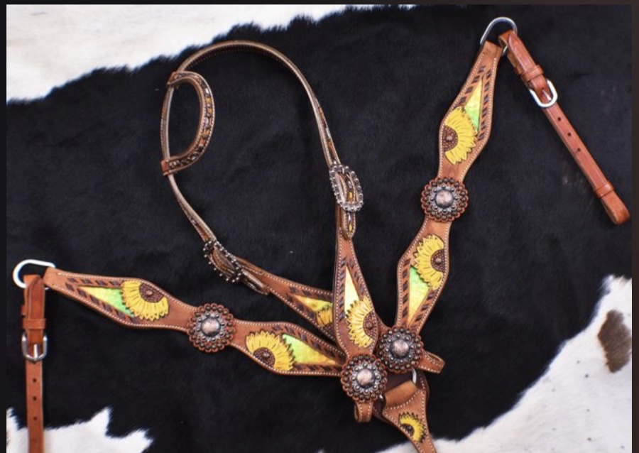 7070 Hand Painted Sunflower Single Ear Headstall and Breastcollar Set with multi colored metallic inlay.