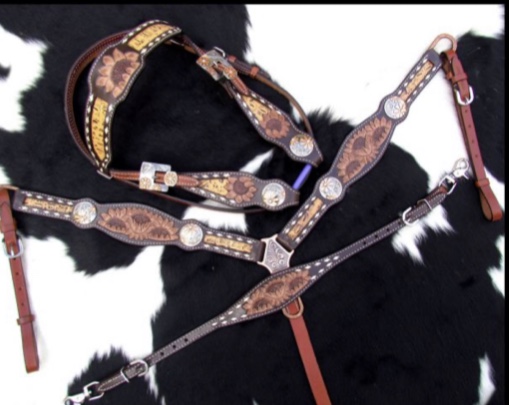 14203 Sunflower Tooled Leather Browband headstall and breastcollar set.