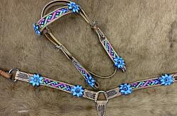 8012 Aztec beaded Browband Headstall and Breast collar Set w/ 3D leather painted flower accents.