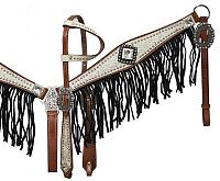 12915 Medium leather headstall and breast collar set with silver and white filigree overlay with black suede fringe.
