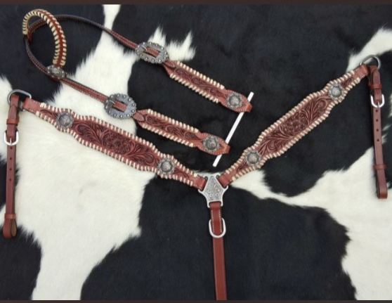 14309 One Ear Headstall and breast collar set with floral tooling and barrel racer conchos.