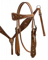 6480 Double Stitched Leather Headstall with Floral Tooling