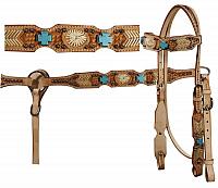 7116 This set features basket weave tooling on browband, cheeks and breast collar and are accented with turquoise stone crosses and rawhide designs.