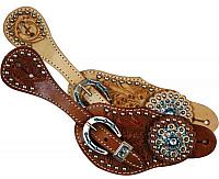 7124 Ladies spur strap with acorn tooling accented with blue crystal rhinestones