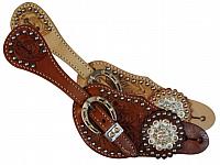 7126 Ladies spur strap with acorn tooling accented with clear crystal rhinestones