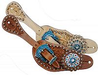 7133 Ladies Tooled Leather Spur Straps with Blue Rhinestone Hardware and conchos