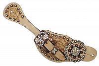 7135 Ladies Tooled Leather Spur Straps with Vintage Style Buckle and Crystal Rhinestone Conchos