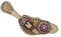 7136  Ladies Tooled Leather Spur Straps with Vintage Style Buckle and Crystal Rhinestone Conchos