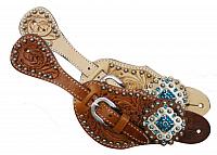 7137 Ladies Tooled Leather Spur Straps with Diamond Shaped Blue Rhinestone Conchos