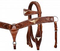 7160 Leather double stitched tooled browband headstall, reins and tooled breastcollar set with  hair on cowhide inlay