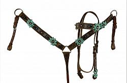 8025 Browband beaded Browband Headstall and Breast collar Set w/ 3D leather painted flower accents.