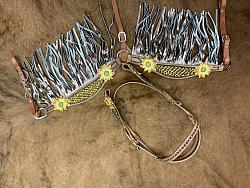 8014 Hand Painted 3D Floral Accent Browband Headstall and Breast collar Set with Fringe.